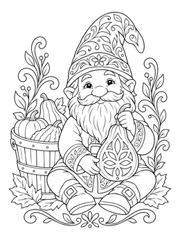 A thanksgiving gnome coloring page showing a seated gnome holding an ornate gourd lantern next to pumpkins.