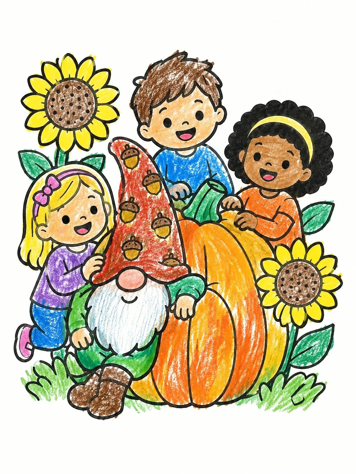 Colored example of the Children And Gnome With Autumn Pumpkin coloring page