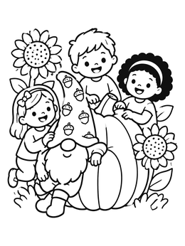 Kids gather around a cute Thanksgiving gnome coloring page beside a pumpkin.