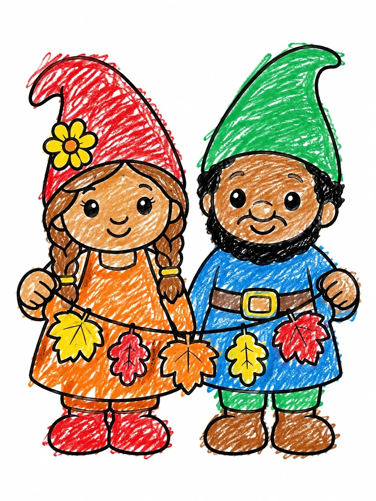 Colored example of the Cute Autumn Gnome Couple With Garland coloring page