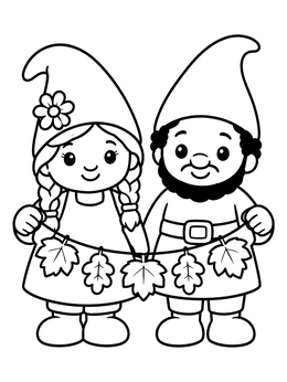 Free printable Cute Autumn Gnome Couple With Garland coloring page