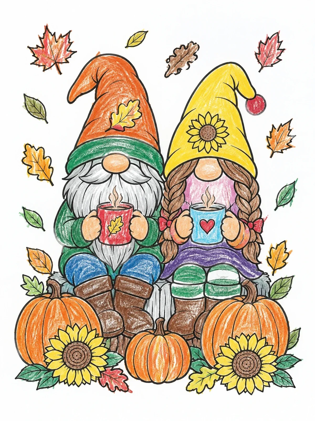 Colored example of the Thanksgiving Gnome Couple With Warm Drinks coloring page