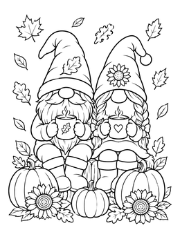 A cozy thanksgiving gnome coloring page featuring a gnome couple with mugs, pumpkins, and sunflowers.