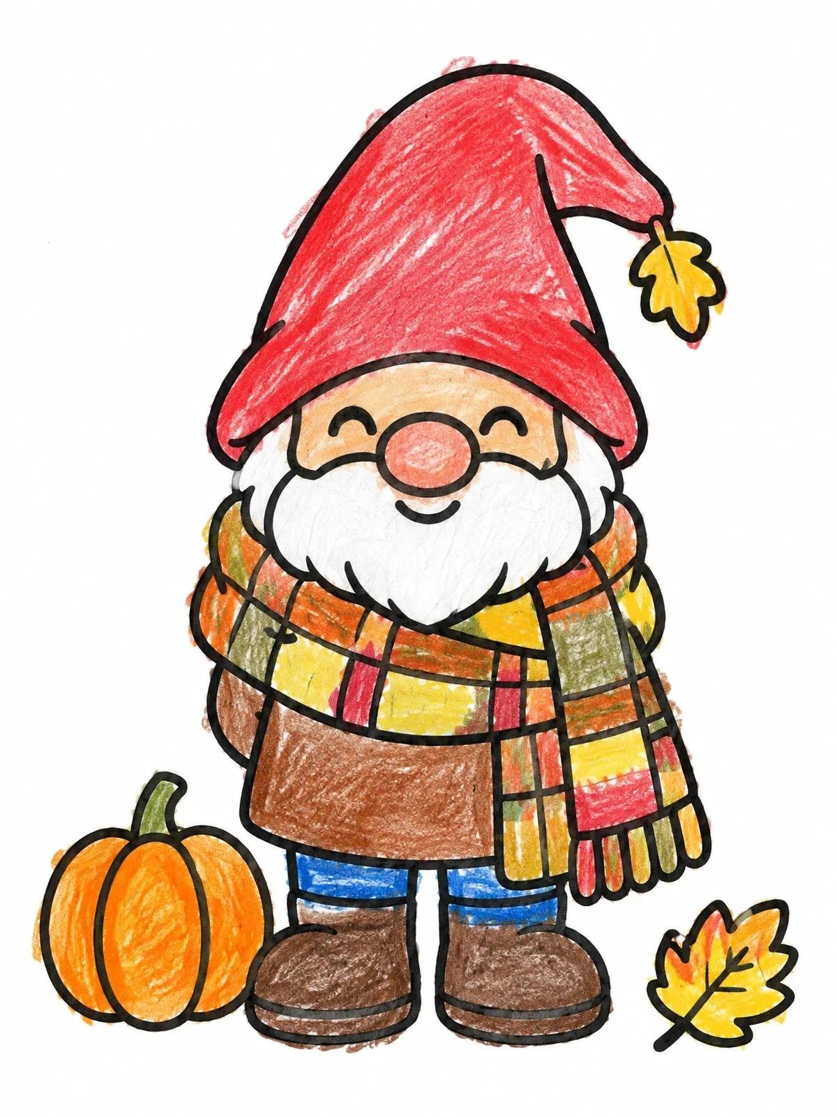 Colored example of the Cozy Autumn Gnome With Scarf coloring page