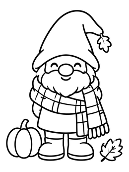 A thanksgiving gnome coloring page featuring a smiling gnome in a plaid scarf beside a pumpkin.