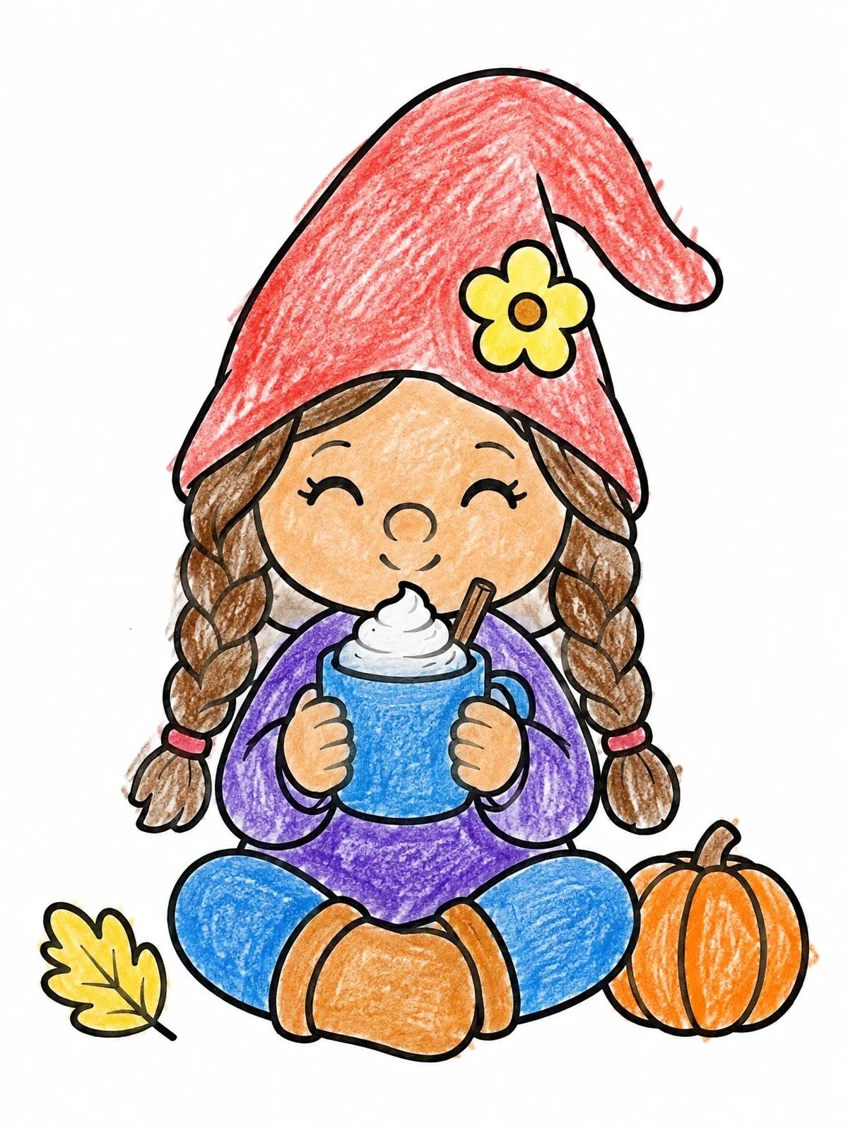 Colored example of the Cute Girl Gnome Drinking Warm Cider coloring page