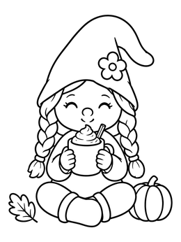 Free printable Cute Girl Gnome Drinking Warm Cider coloring page