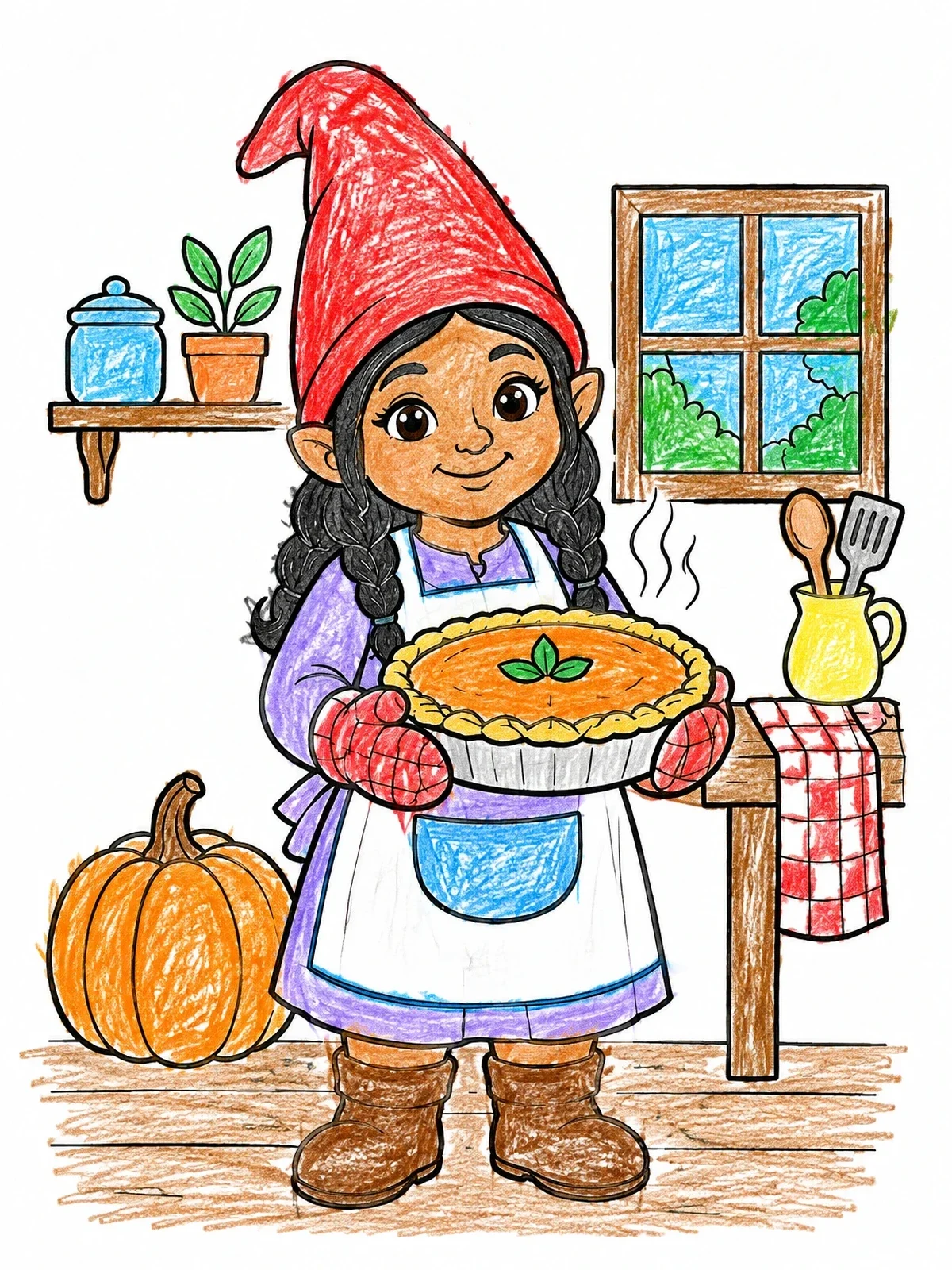 Colored example of the Cute Gnome Baker With Pumpkin Pie coloring page