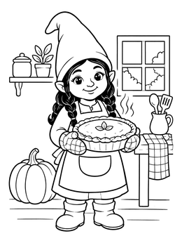 Free printable Cute Gnome Baker With Pumpkin Pie coloring page