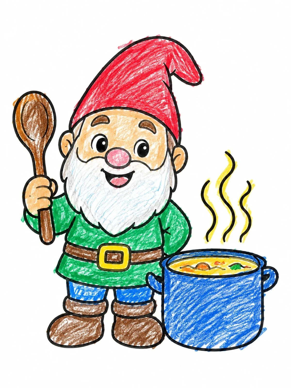 Colored example of the Cute Gnome Cooking Soup coloring page