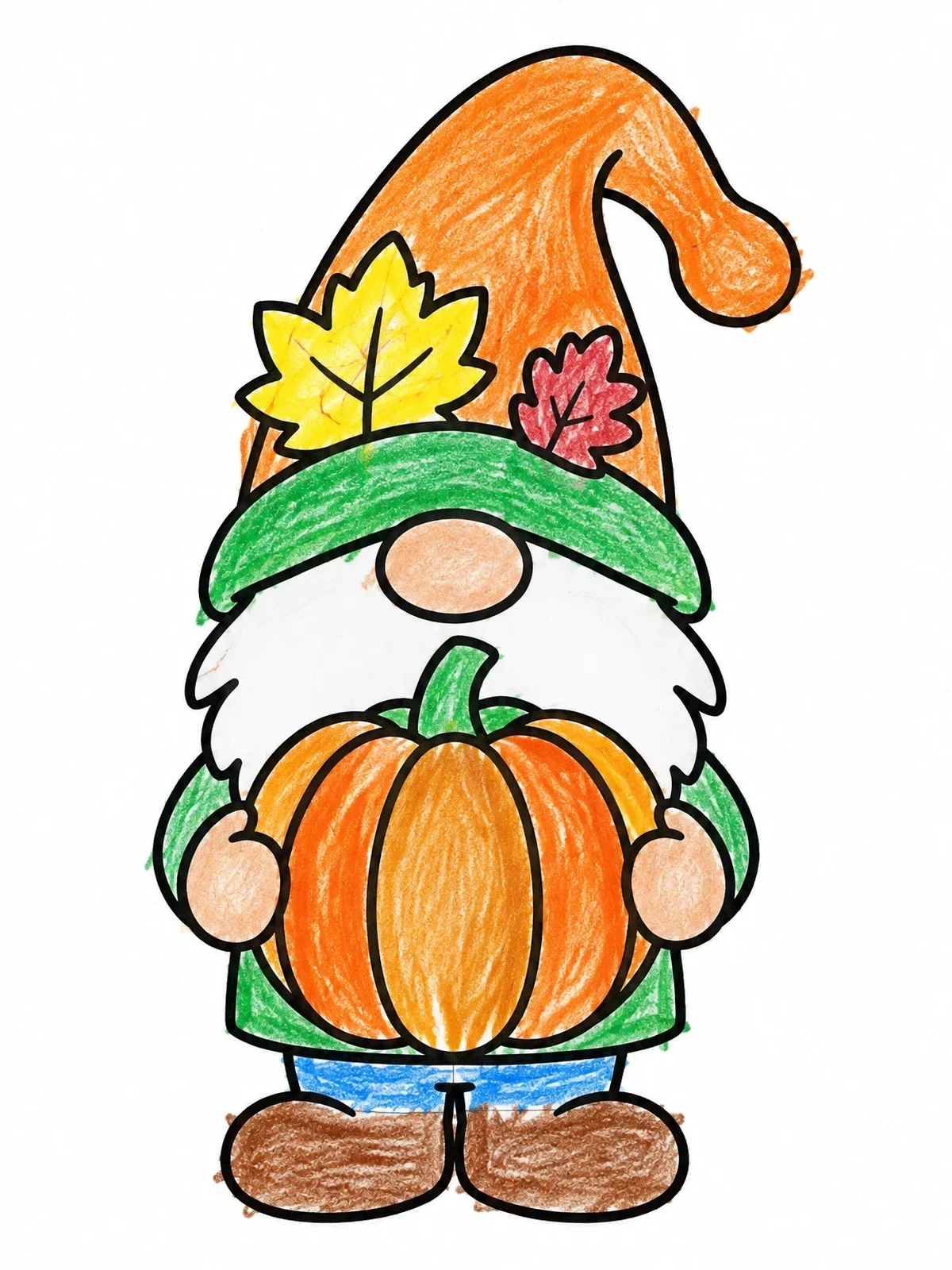 Colored example of the Cute Gnome Holding A Pumpkin coloring page