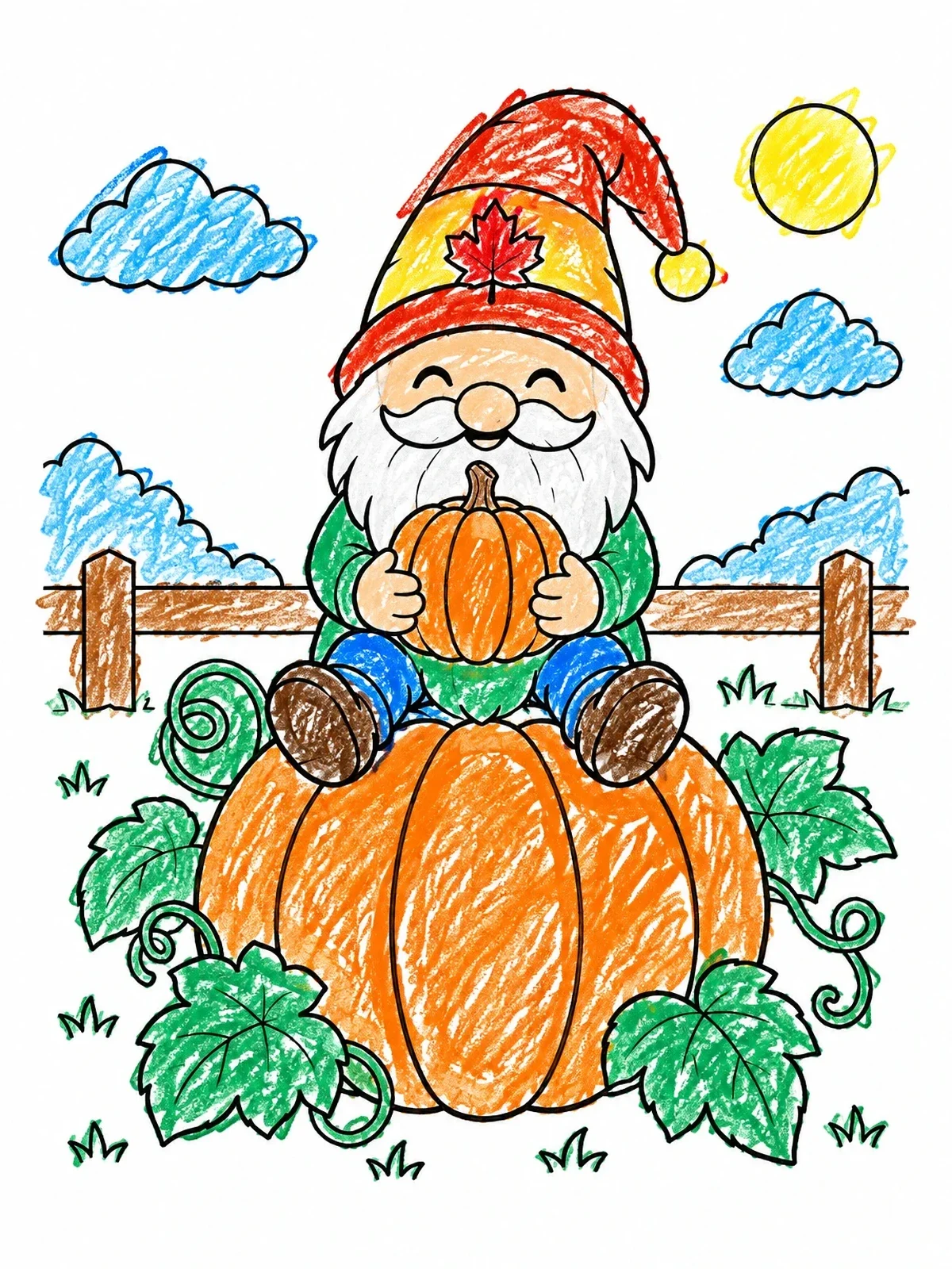 Colored example of the Cute Gnome Sitting On Pumpkin coloring page