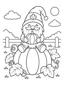 Free printable Cute Gnome Sitting On Pumpkin coloring page