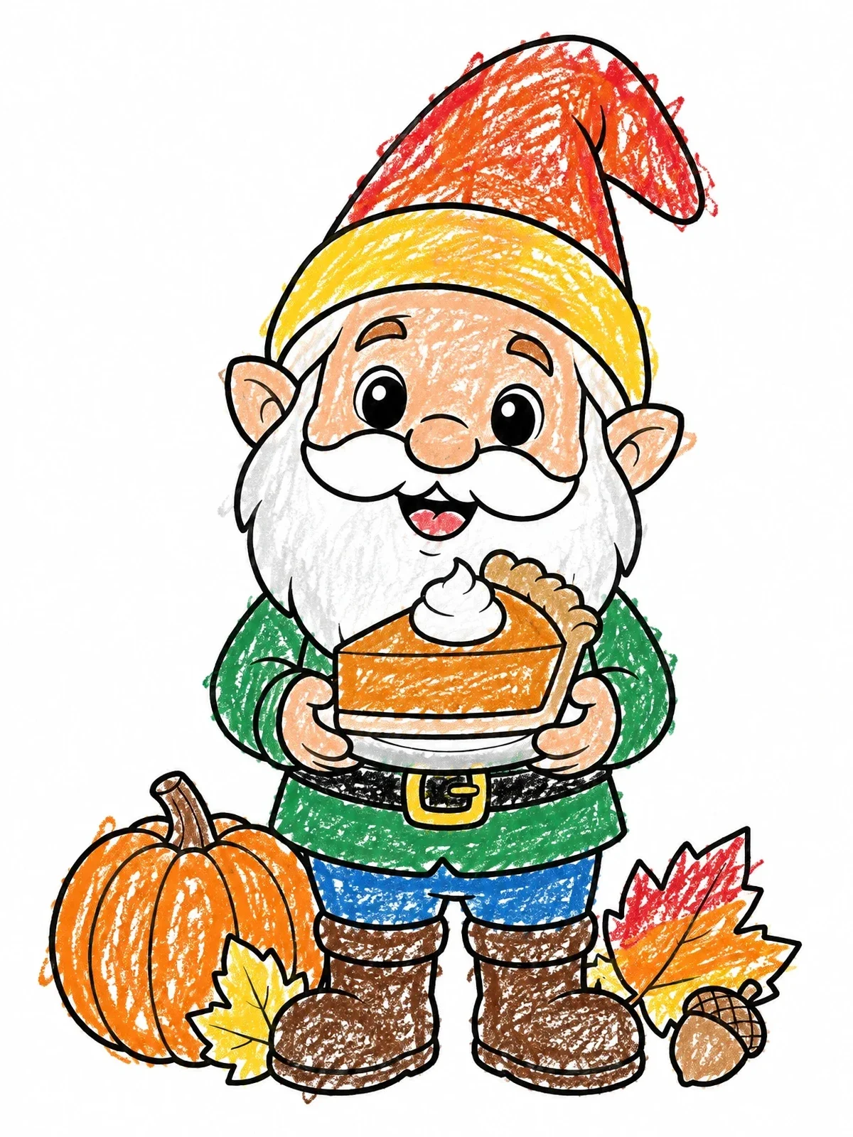 Colored example of the Cute Gnome With Pumpkin Pie coloring page