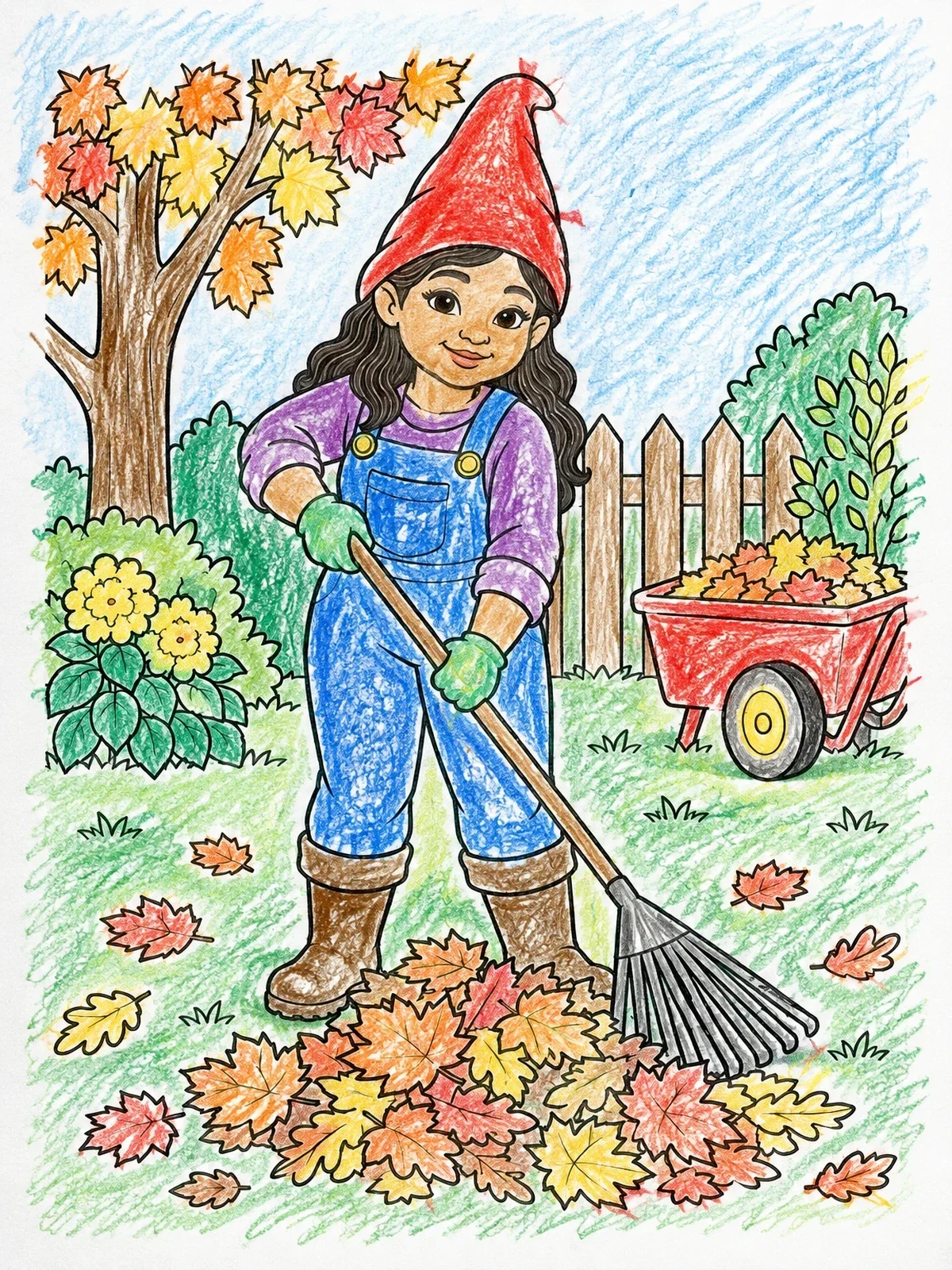 Colored example of the Garden Gnome Raking Autumn Leaves coloring page