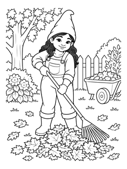 A cheerful thanksgiving gnome coloring page showing a garden gnome raking autumn leaves into a pile.