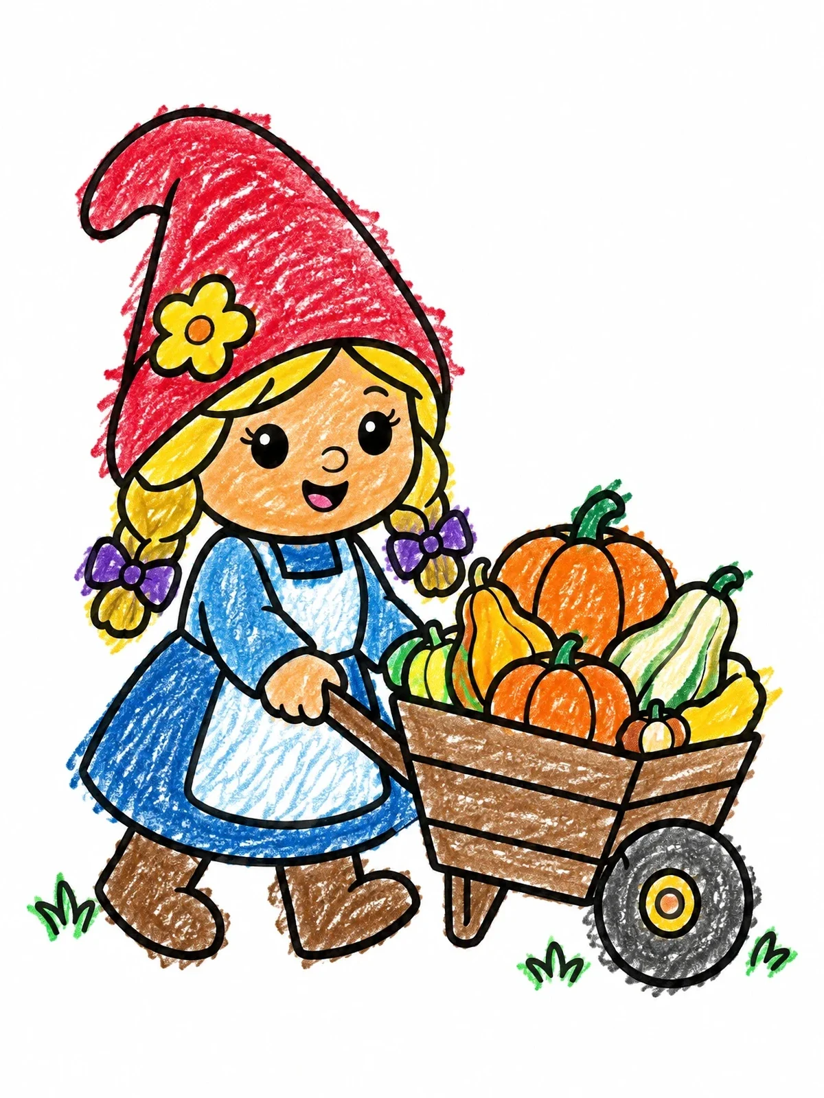 Colored example of the Cute Gnome Girl With Harvest Wheelbarrow coloring page