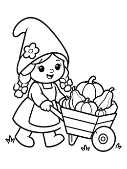 Free printable Cute Gnome Girl With Harvest Wheelbarrow coloring page