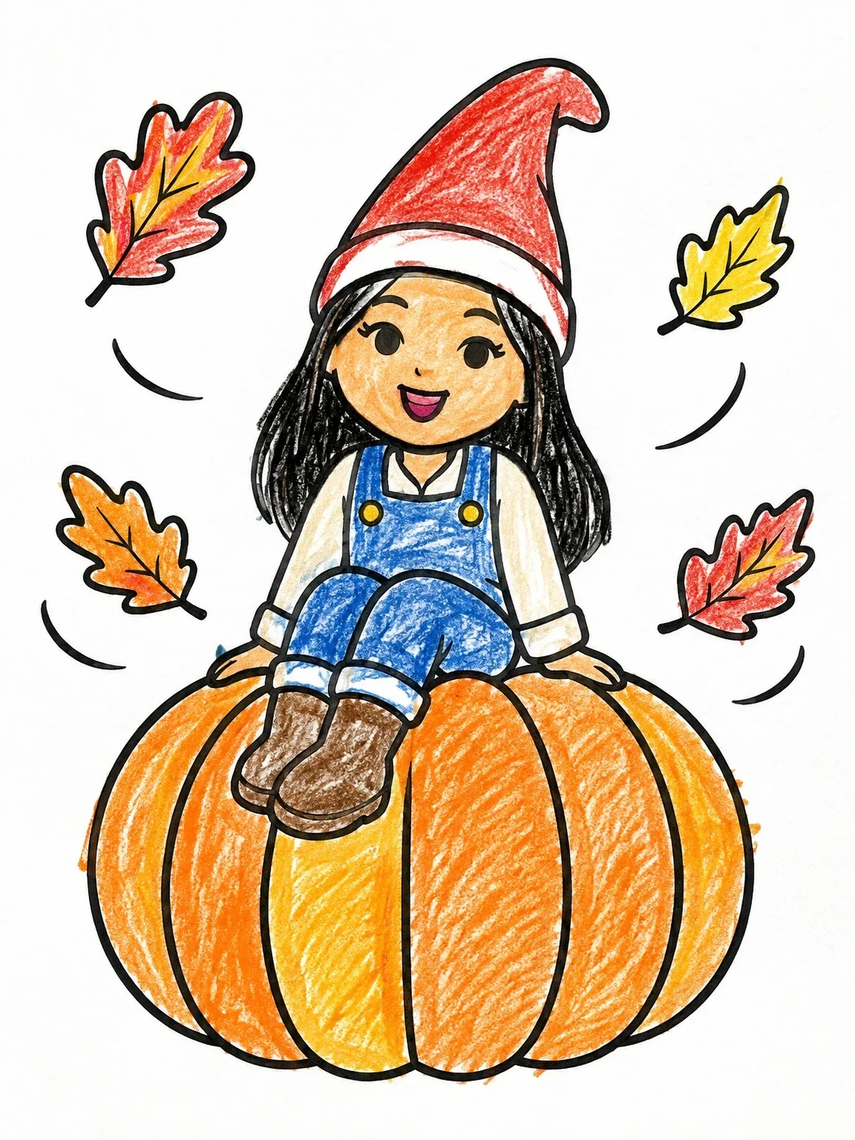 Colored example of the Cute Gnome Girl On A Giant Pumpkin coloring page