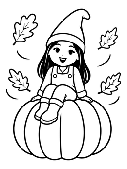 Free printable Cute Gnome Girl On A Giant Pumpkin coloring page