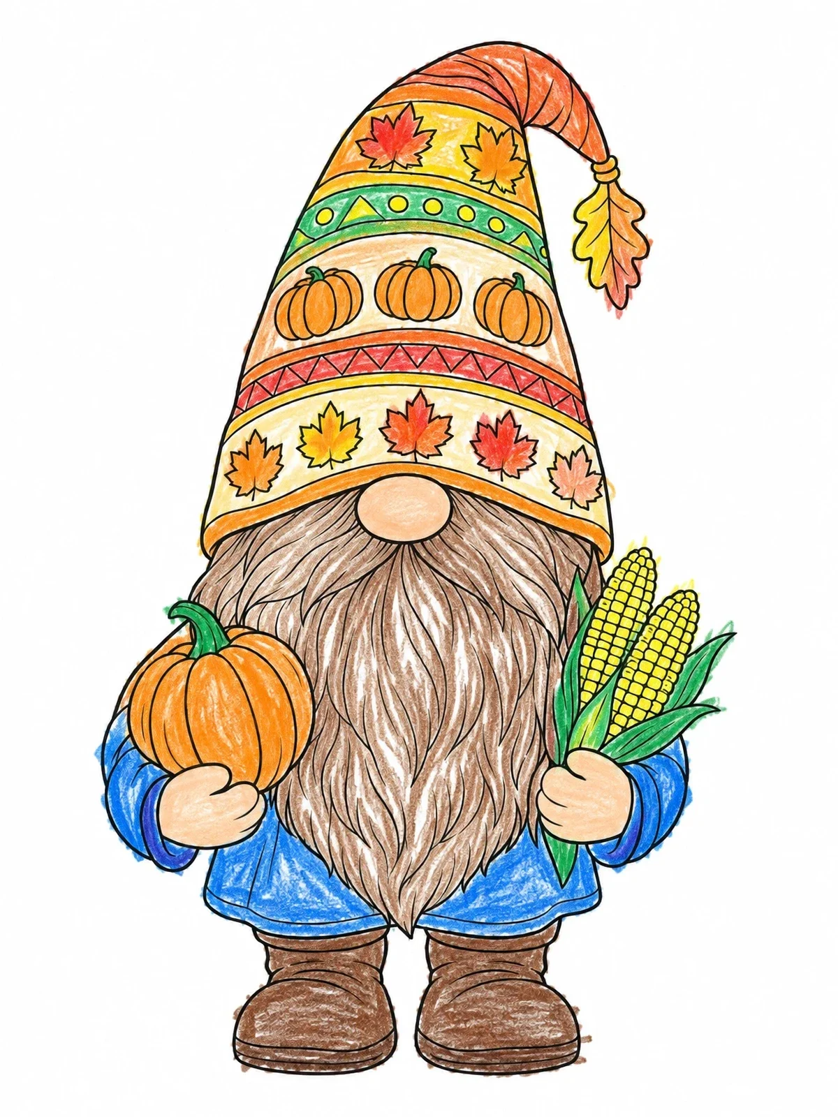 Colored example of the Harvest Gnome With Pumpkin And Corn coloring page