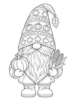 Festive thanksgiving gnome coloring page holding a small pumpkin and fresh ears of corn.