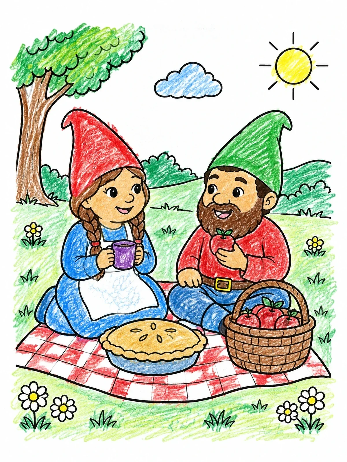 Colored example of the Gnome Picnic In The Meadow coloring page