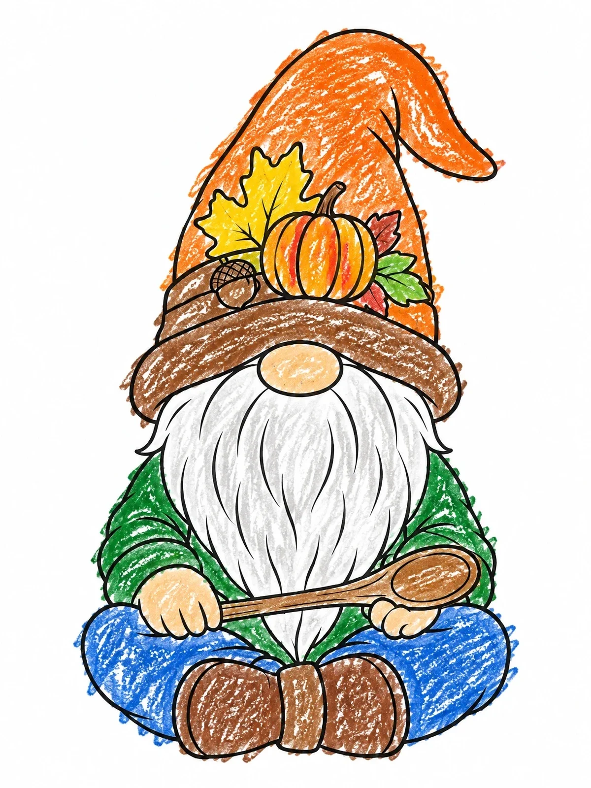 Colored example of the Seated Autumn Gnome With Wooden Spoon coloring page