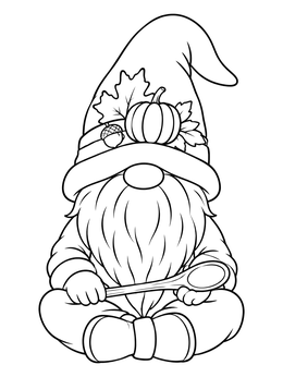 A cute thanksgiving gnome coloring page featuring a seated gnome holding a spoon.