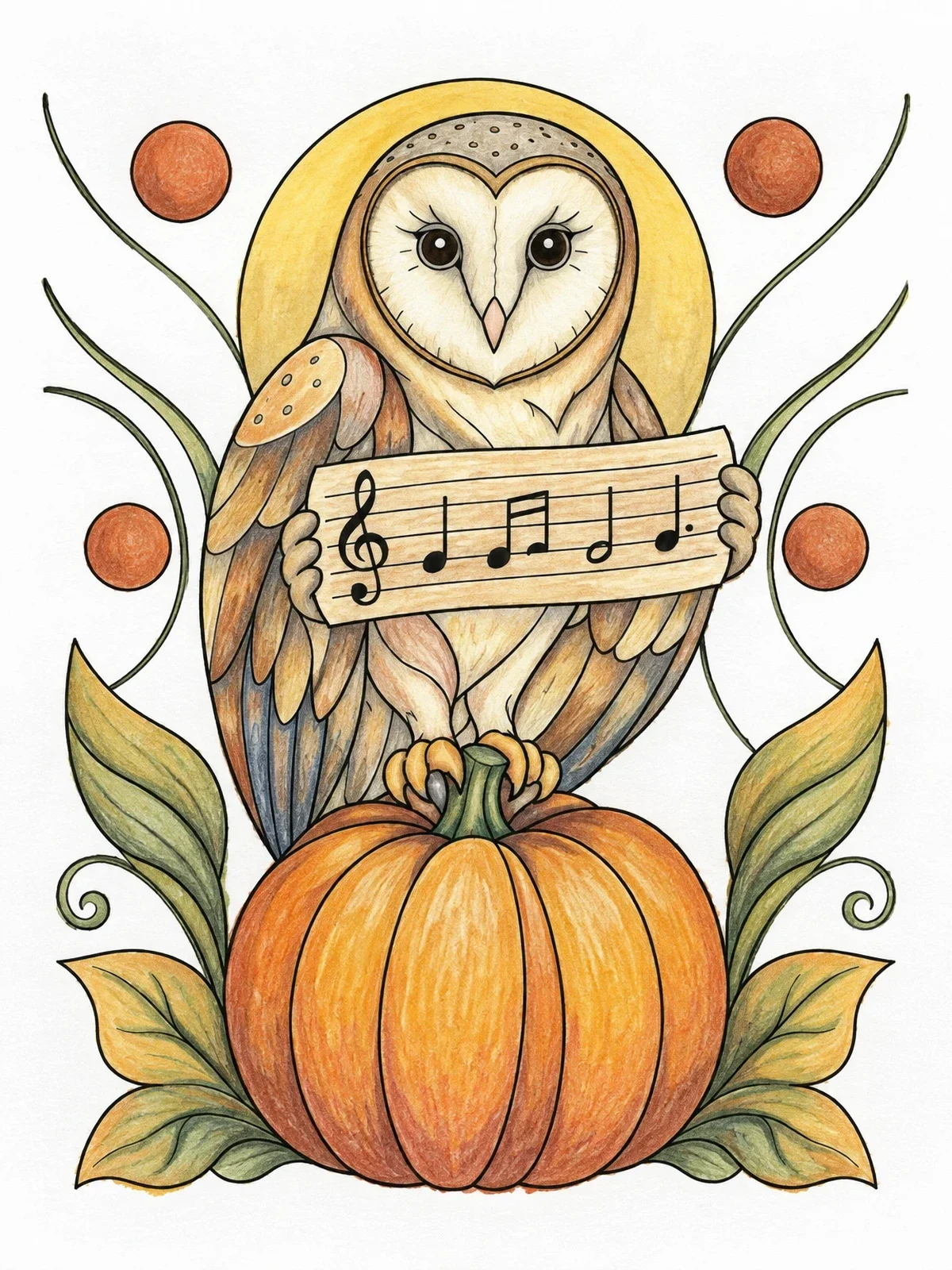 Colored example of the Barn Owl With Sheet Music On Pumpkin coloring page