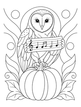 A barn owl perched on a pumpkin holding sheet music on this thanksgiving music coloring page.