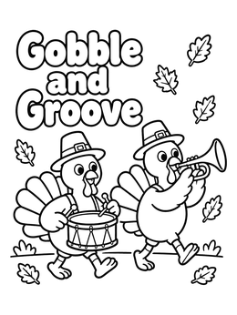 Free printable Gobble And Groove Marching Turkeys coloring page