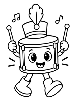 A thanksgiving music coloring page featuring a cheerful cartoon marching snare drum holding drumsticks.