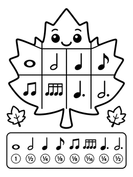 A cute thanksgiving music coloring page featuring a smiling maple leaf divided into music rhythm symbols.