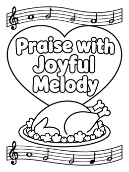 A thanksgiving music coloring page showing a roast turkey platter with musical staves and text.