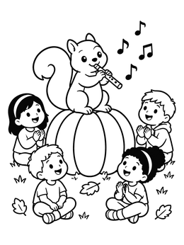 Free printable Squirrel Playing Flute For Children coloring page