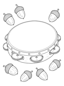 A detailed thanksgiving music coloring page featuring a tambourine framed by scattered acorns.