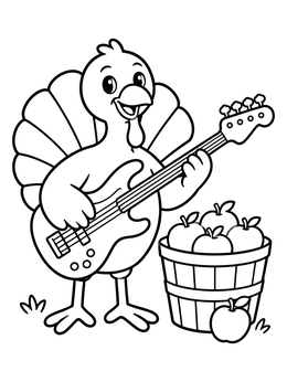 Free printable Turkey Playing Bass By Apple Basket coloring page