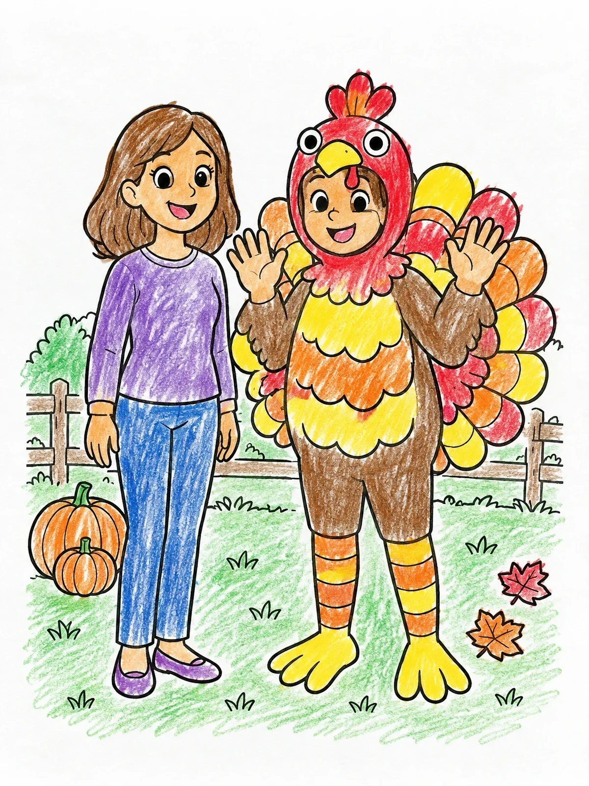 Colored example of the Child In Fun Turkey Costume coloring page