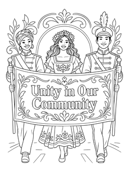 A thanksgiving parade coloring page showing three performers marching with a decorative community banner.