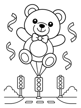 A giant teddy bear balloon floats over a street in this thanksgiving parade coloring page.