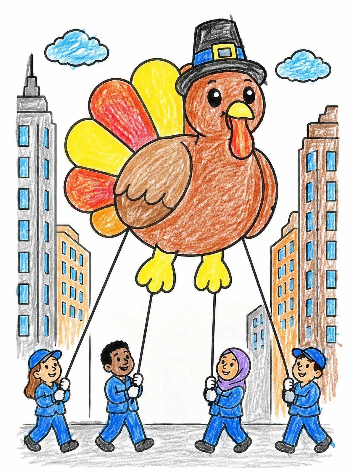 Colored example of the Giant Turkey Parade Balloon coloring page
