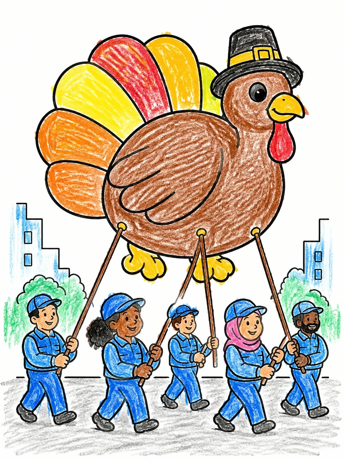 Colored example of the Giant Turkey Parade Balloon coloring page