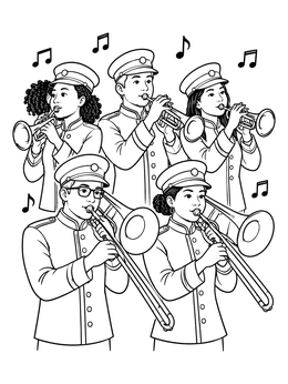 Marching band playing brass instruments in this thanksgiving parade coloring page.