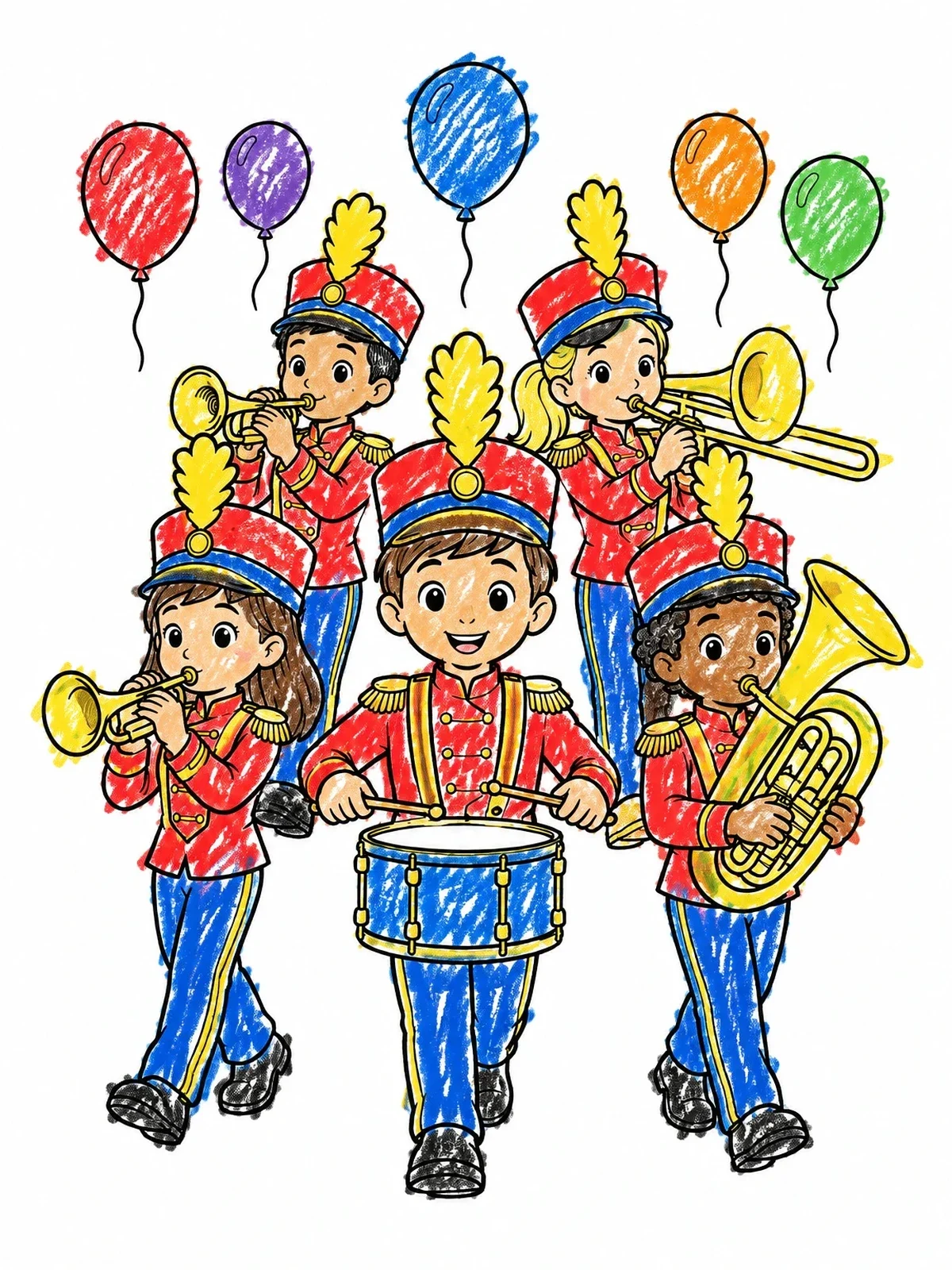 Colored example of the Marching Band Kids With Festive Balloons coloring page