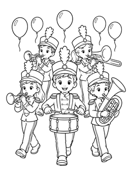 A cheerful marching band performs in this thanksgiving parade coloring page under floating festive balloons.