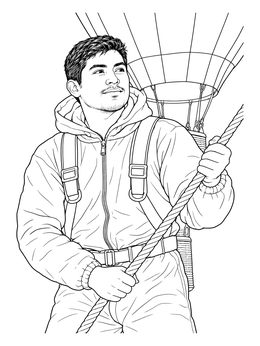 A crew member guides a balloon in this thanksgiving parade coloring page.