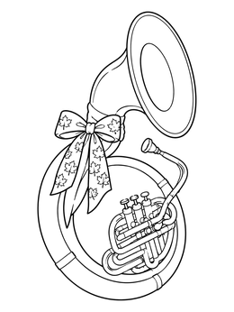 A brass sousaphone with a maple leaf bow in a thanksgiving parade coloring page.