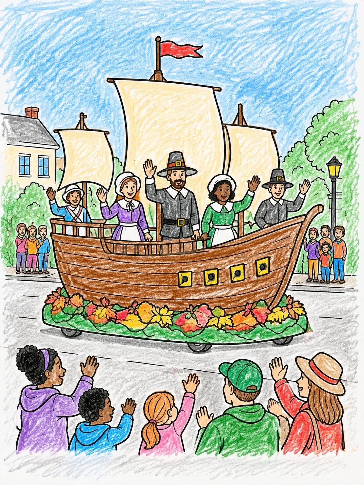 Colored example of the Pilgrim Ship Parade Float coloring page