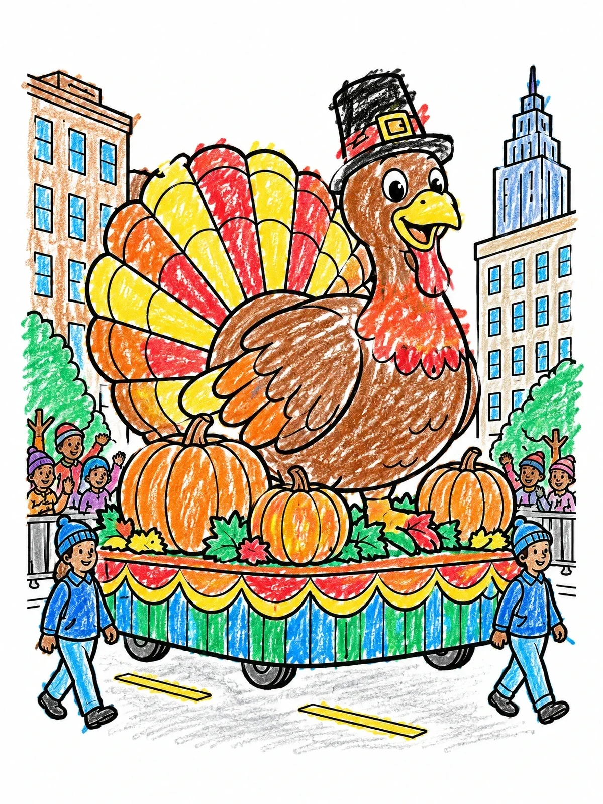 Colored example of the Thanksgiving Parade Turkey Float coloring page